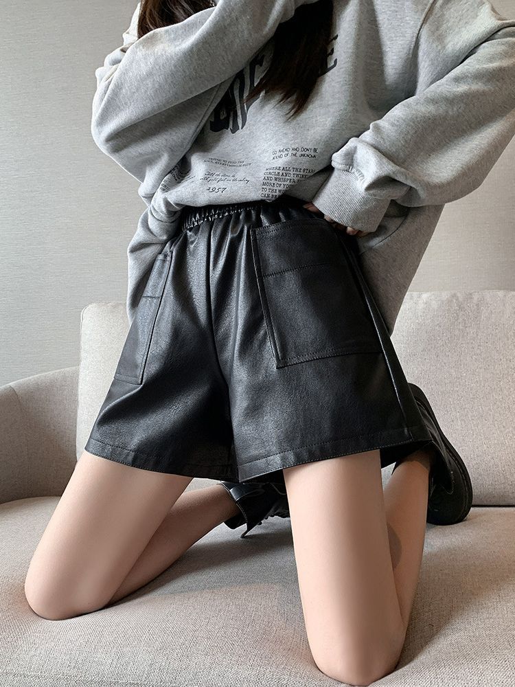 レザーショーツレディースアウターウェア2024秋冬新作PU大きいサイズカジュアルパンツゆったりワイドレッグスリムハイウエストレギンスブーツパンツ