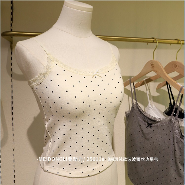 2025 Early Spring Pure Desire Bm Style Tight Polka Dot Xinjiang Cotton Lace Small Lace with Breast Pads for Inner and Outerwear Vest