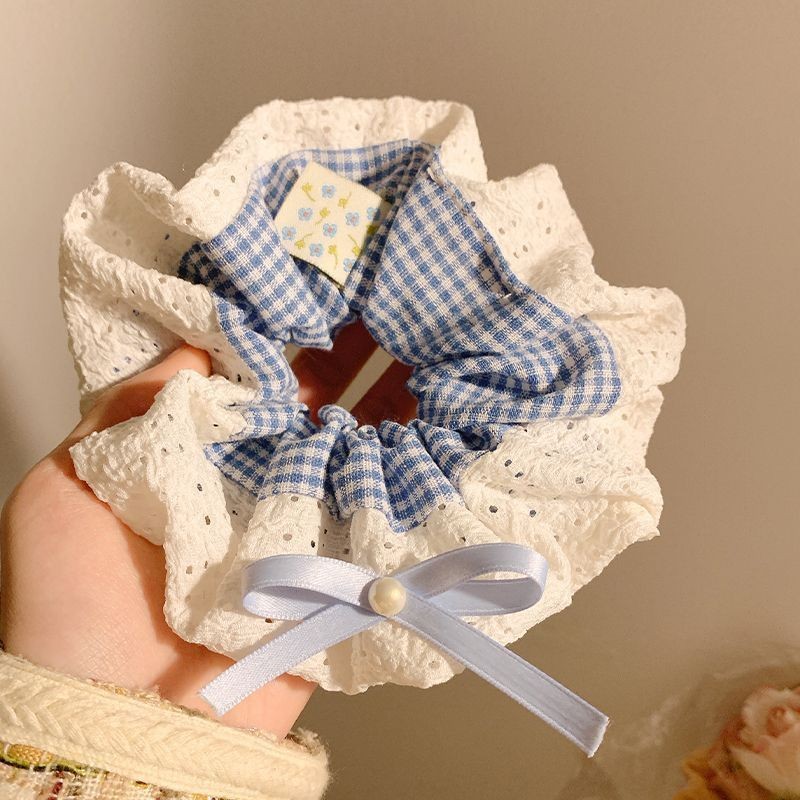 Accesorio para el cabello de estilo francés para mujer, pañuelo cuadrado simple, coletero de gran tamaño con ribete de encaje.