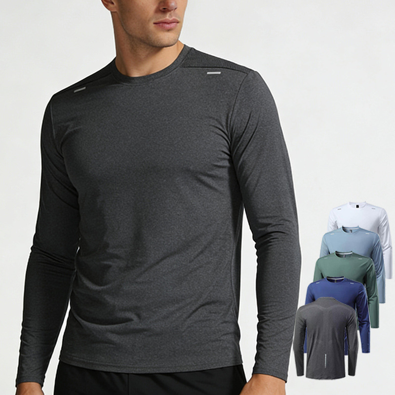 Cross-Border European and American Spring and Autumn Long-Sleeved Round-Neck Sports Tops for Men, Quick-Drying Running T-Shirts, Outdoor Fitness Training Clothes