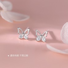 s925纯银清新小巧镂空锆石蝴蝶耳钉高级感精致潮简约耳饰一件代发