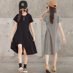 女童長裙 2022夏新款個性刺繡不規則下擺連衣裙中大童休閒長裙