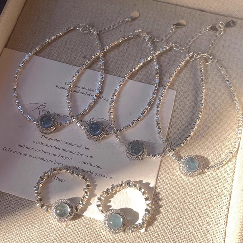 925 Pure Silver Aquamarine Natural Freshwater Pearl Ring Bracelet and Necklace Set for Women - Unique, High-End, Light Luxury, Versatile