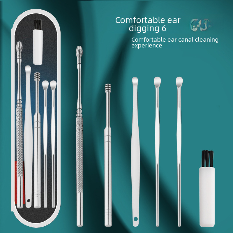 Stainless Steel Ear Pick Ear Cleaning Tool 6-Piece Set Spiral Ear Cleaner Portable Ear Picking Tool