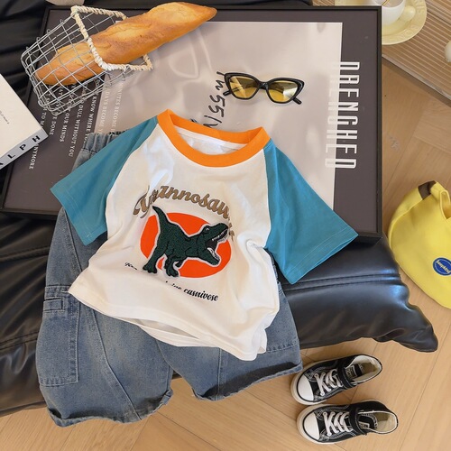 New spring and autumn baby patch color contrasting girls and children's short-sleeved T-shirt cartoon boys 'top base T-shirt top
