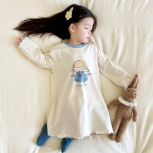 春秋季儿童家居花边睡裙女童卡通宽松长袖连衣裙中大童空调服抗菌