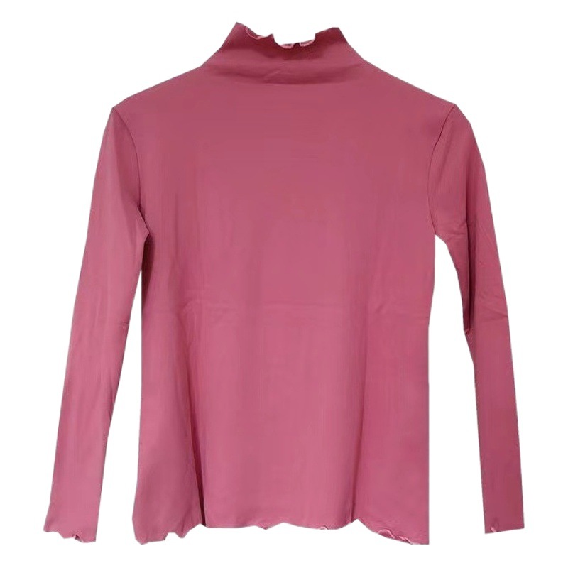 Little Cat Diary Women's Autumn/Winter Half-Turtleneck Skin-Friendly Warm High Elastic Long Sleeve T-Shirt Solid Color Ruffled Edge Top
