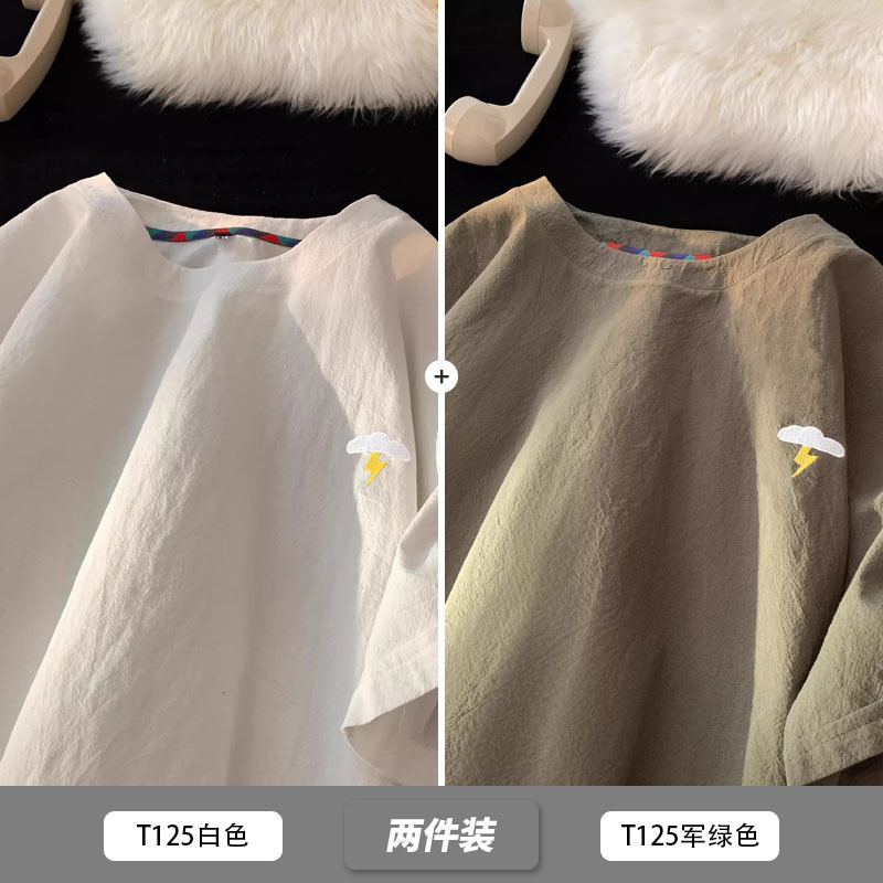 NASA刺绣棉麻短袖T恤男士夏季宽松大码廓形衣服潮牌男款亚麻半袖|undefined