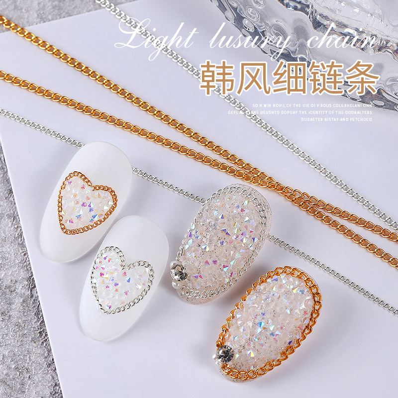 Popular en línea popular estilo japonés Cadena de uñas ultra-fino oro plata torcido corazón decoración media-longitud fina cadena de cuentas de acero aleación joyería