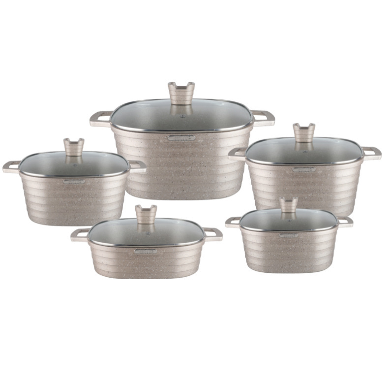 Olla de fundición a presión Olla de sopa cuadrada Juego de 10 piezas Olla de aluminio Olla de sopa Juego de utensilios de cocina de productos fritos en profundidad Olla antiadherente Olla de comercio exterior