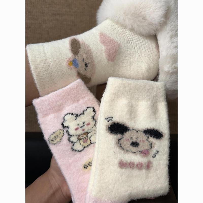 粉色卡通可爱小狗袜子女冬季加厚加绒保暖防寒中筒袜居家地板袜子|undefined