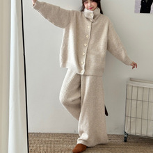 韩版宽松休闲针织衫套装女秋冬新款单排扣高领开衫+阔腿裤两件套