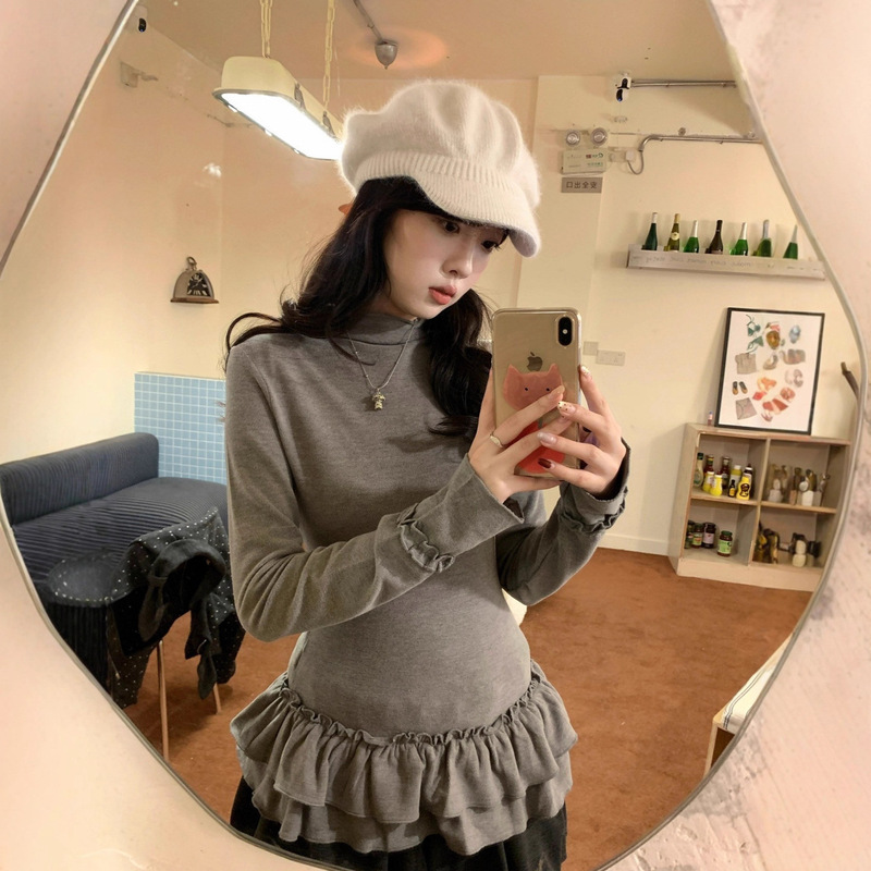 Derong Warm Half-Turtleneck Long-Sleeved T-Shirt for Women in Autumn and Winter, Slim-Fitting Lace Trim Splicing Inner Layering Top
