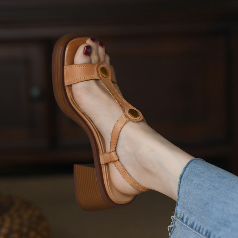 Beige White T-strap Sandal