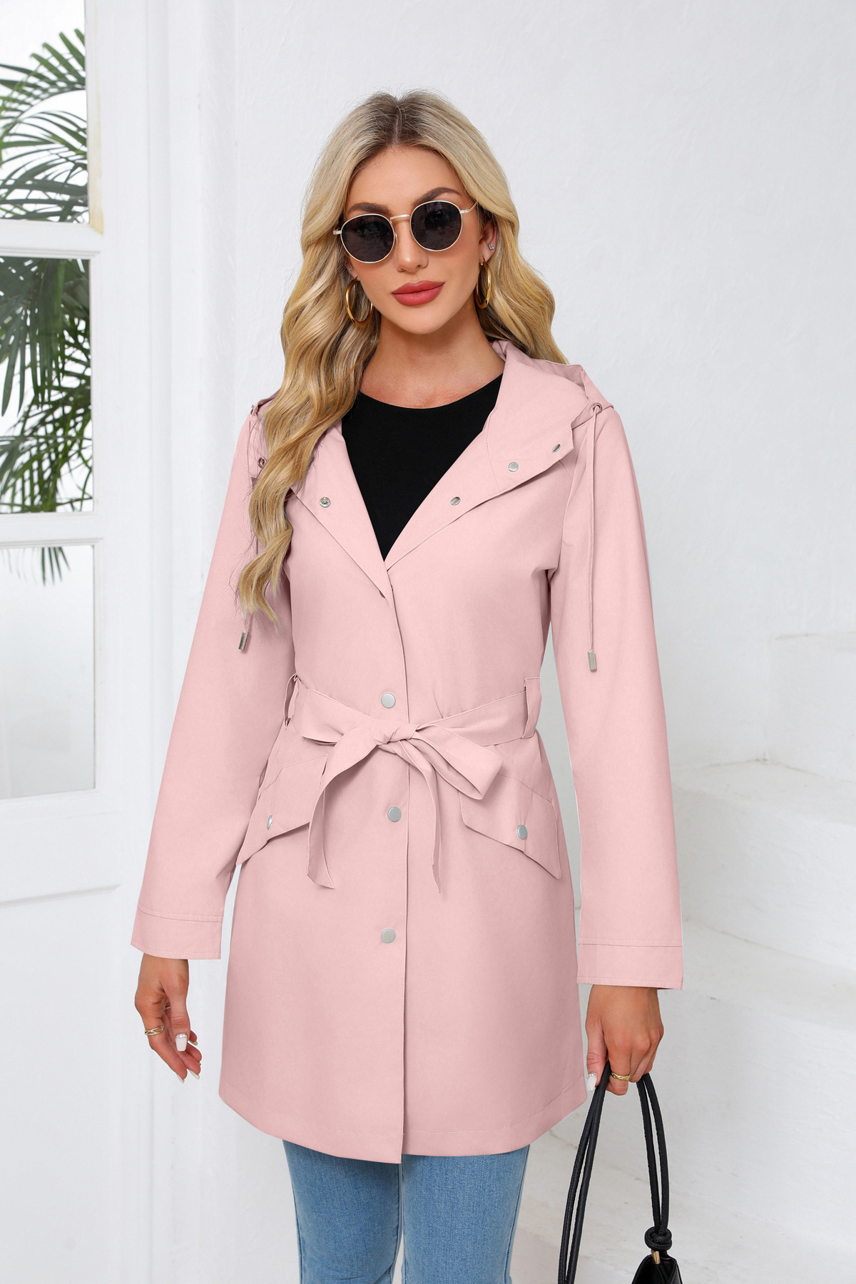 Women's Clothing Spring and Autumn Hooded Water Repellent Jacket with Belt Thin Casual Loose Windbreaker _voghion.com