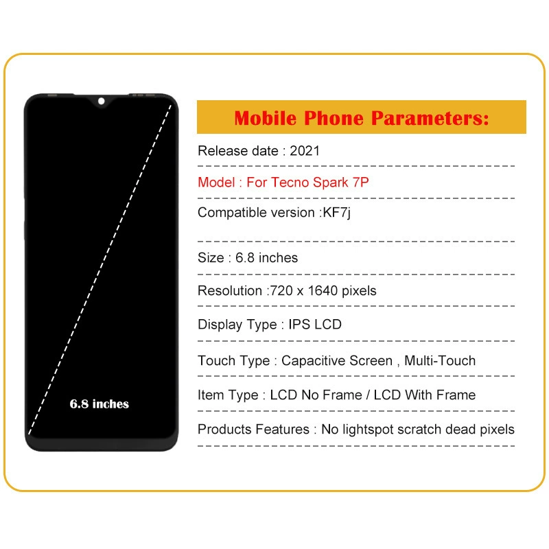 Дисплейная сборка для Transsion TECNO Spark 7 P, LCD экран для мобильного телефона, внутренний и наружный экран с рамкой