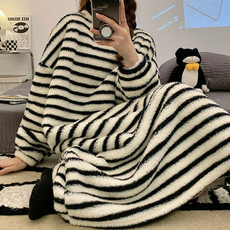 Striped Coral Fleece Nightgown Women's Autumn and Winter New Fleece-lined Thickened Mid-length Dress Pregnant Women's Flannel Pajamas