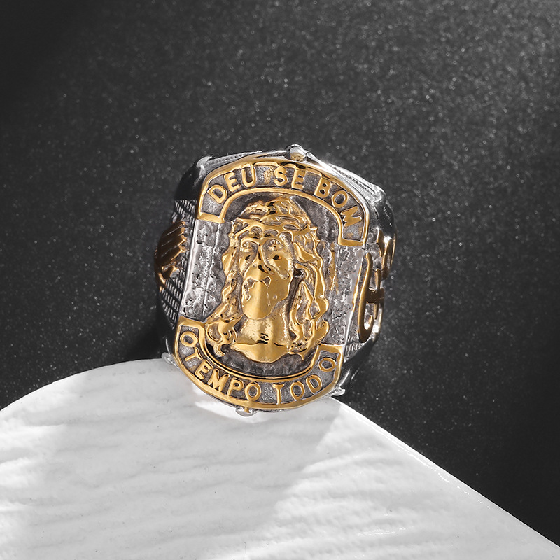 Europe and the United States cross-border new hip-hop style titanium steel gold-plated YS portrait religious faith fe letters prayer men's ring