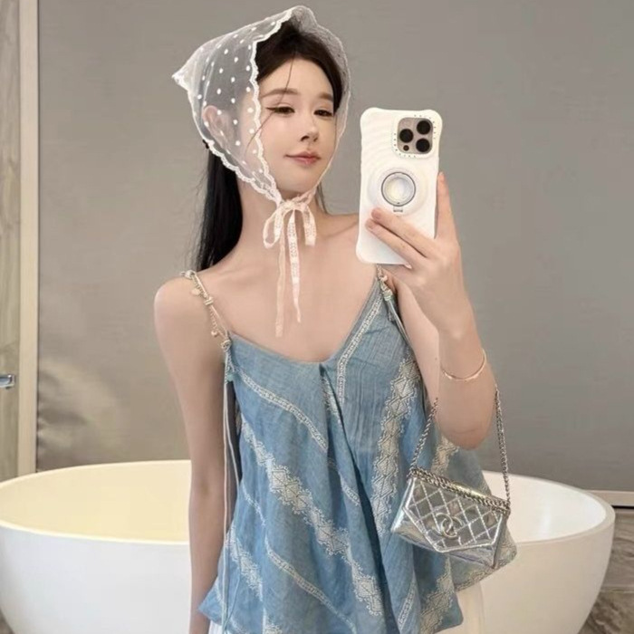 Resort Style Blue V-Neck Bohemian Style Camisole for Women to Wear in Summer, Loose Irregular Sleeveless Top Resort Style Blue V-Neck Bohemian Style Camisole for Women to Wear in Summer, Loose Irregular Sleeveless Top