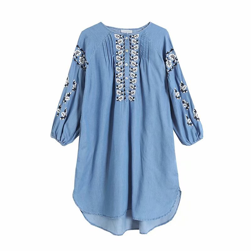 round neck embroidery denim dress NSAM34013