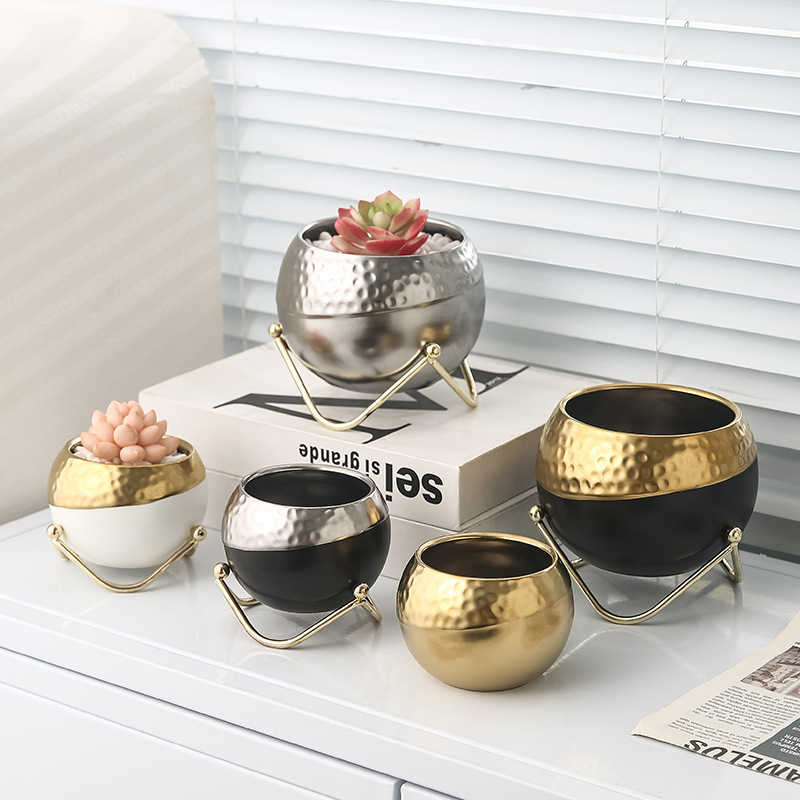 Cross-border Internet Celebrity Light Luxury Fleshy Flower Pot Artificial Flower Green Plant Cactus Iron Ceramic Flower Pot Container Home Furnishings