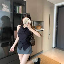 拉夏贝尔条纹衬衫女夏爆款法式上衣性感漂亮露背收腰黑色无袖衬衣