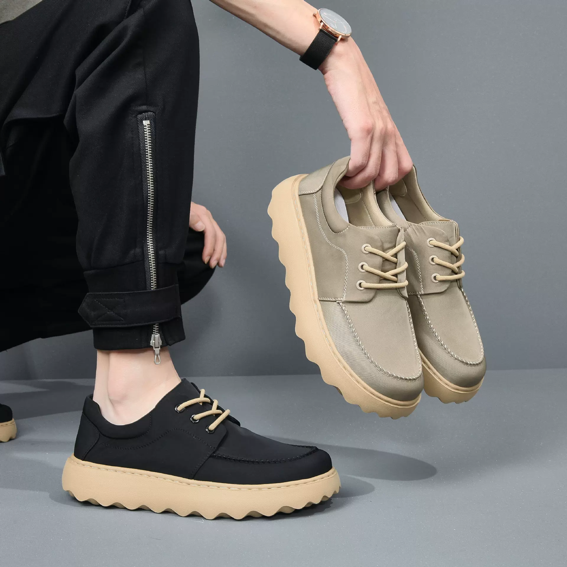 定制夏季男鞋款厚底休闲帆布软底豆豆鞋一脚蹬板鞋潮透气增高舒适