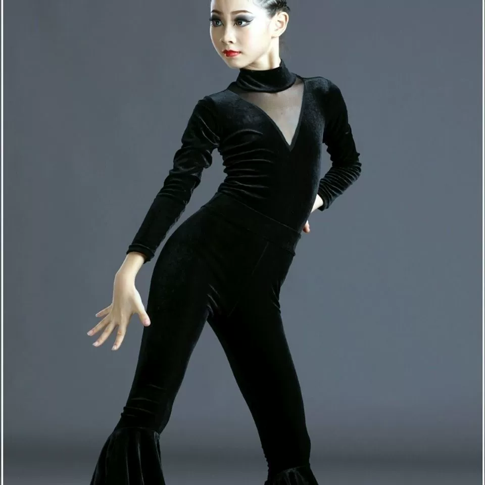 Детская латинская танцевальная тренировка осенняя и зимняя женская сеть красная игровая одежда для девочек бархатная тренировочная одежда с длинными рукавами