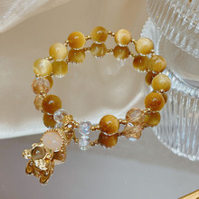 投影佛头手链女ins韩版风金色虎眼石水晶手链单圈时尚男女士佛珠