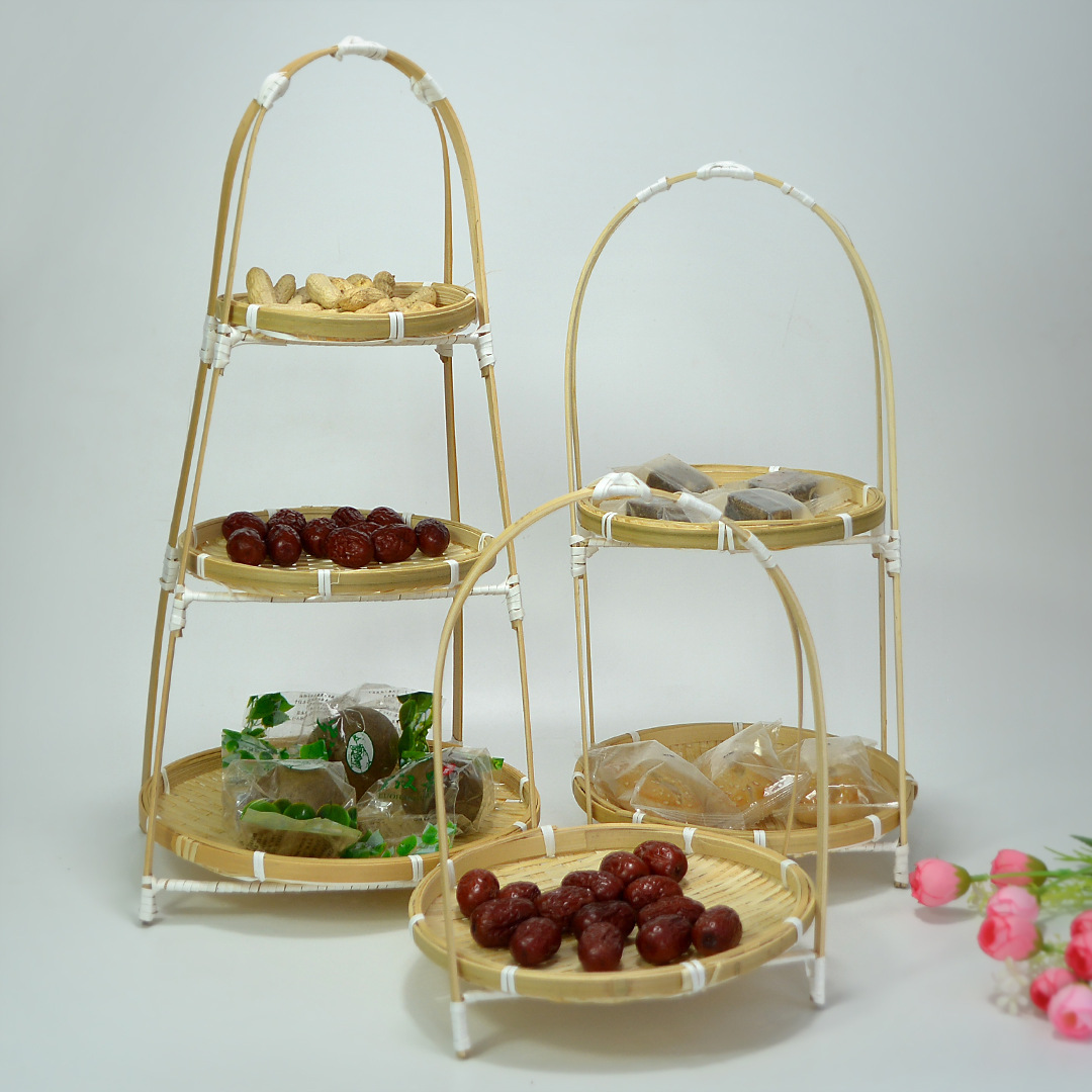 Cesta de bambú cesta de postre cesta de doble capa de pastelería de dos capas placa giratoria mesa de compromiso Cesta portátil restaurante estante de almacenamiento