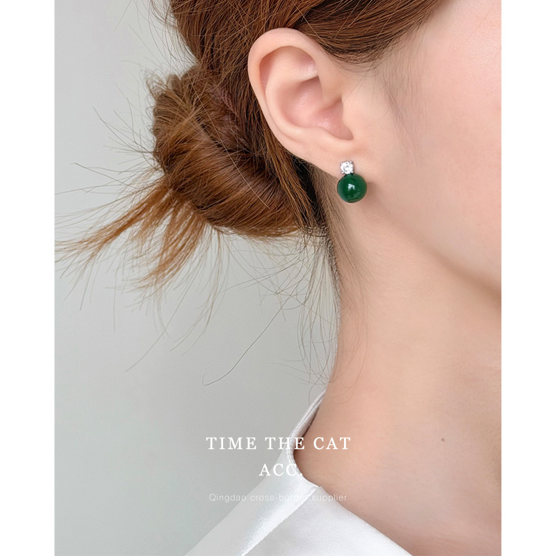 925 silver needle new Chinese style green agate micro-inlaid zircon earrings, light luxury, elegant and cool, retro Chinese style earrings 925 silver needle new Chinese style green agate micro-inlaid zircon earrings, light luxury, elegant and cool, retro Chinese style earrings