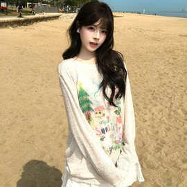 彩虹棉麻防晒罩衫女2026夏季印花慵懒风上衣性感微透长袖防晒罩衫