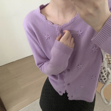 25秋季韩系全羊毛花边圆领精致手缝花纯色温柔气质百搭女针织开衫