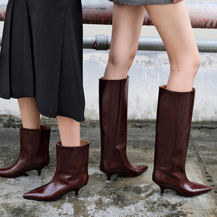 Genuine Leather Cat Heel European and American Style Fashion Boots for Women 2025 New Wide Version Large Tube Circumference Slim Mid-Calf Boots Short Boots