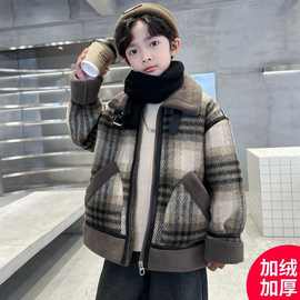 男童呢子大衣外套秋冬款25新款冬季加绒加厚中大儿童男孩冬装棉服