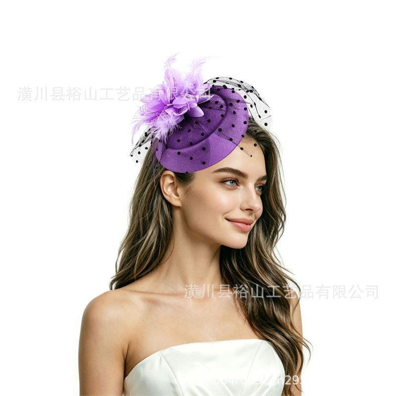 Popular Amazon feather headpiece, European and American bridal hair accessory, head flower, horse racing festival headpiece, vintage mesh mini hat