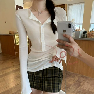 白色收腰上衣V领薄款防晒罩衫女秋日新款纯欲修身喇叭轻薄长袖T恤