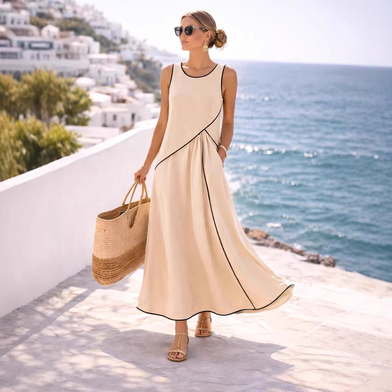2026 New European and American Summer Women's Dress, Mediterranean Resort Style Dress, Women's Color-Blocking A-Line Dress 2026 New European and American Summer Women's Dress, Mediterranean Resort Style Dress, Women's Color-Blocking A-Line Dress