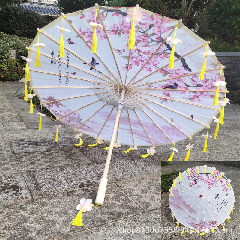 古風漢服流蘇傘花びら傘演出ダンス絹布傘吊り下げ装飾傘工芸傘古典油紙傘|undefined