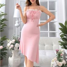 优雅女士粉色蕾丝边简约休闲舒适睡眠慵懒风居家睡裙