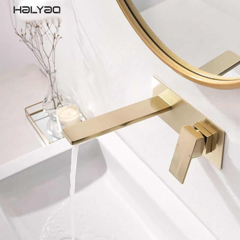 Haiyao bathroom gun gray wire drawing gold basin faucet embedded in wall hot melt cold and hot concealed faucet with embedded box