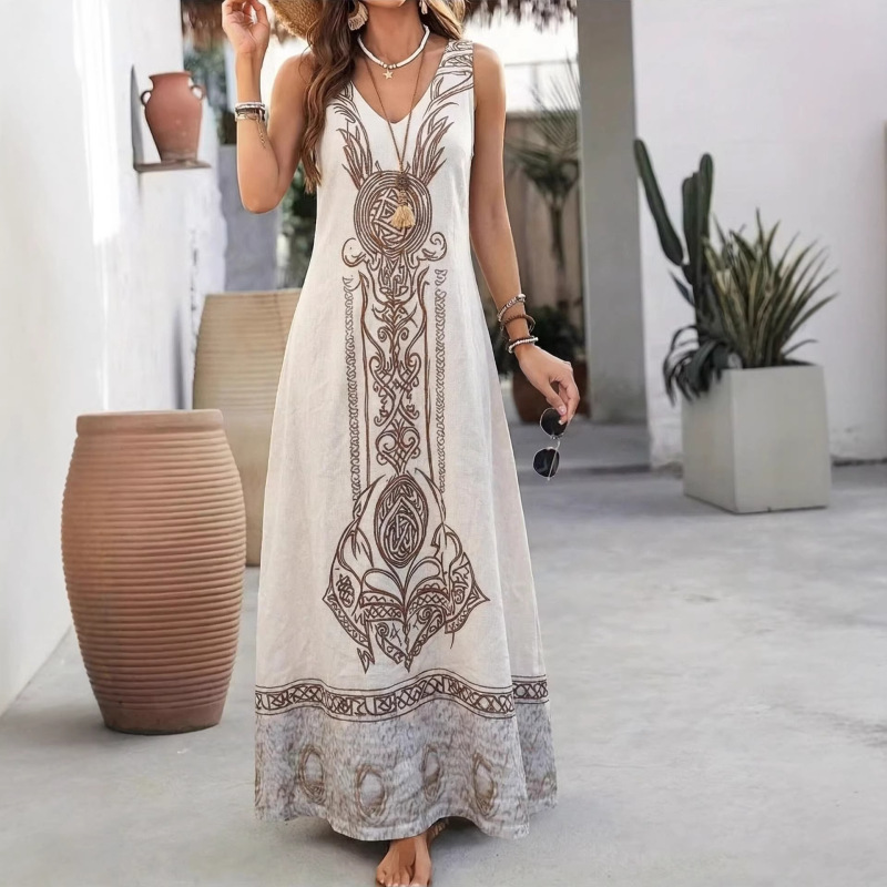 White Bohemian Style Dress Wholesale V-Neck Casual Vacation Long Dress for Women Cross-Border Printed Elegant Long Dress