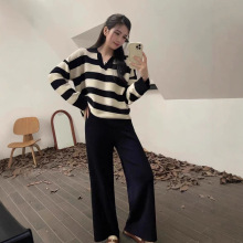 山羊绒衫女秋冬新款慵懒风POLO领撞色条纹V毛衣外套宽松针织上衣