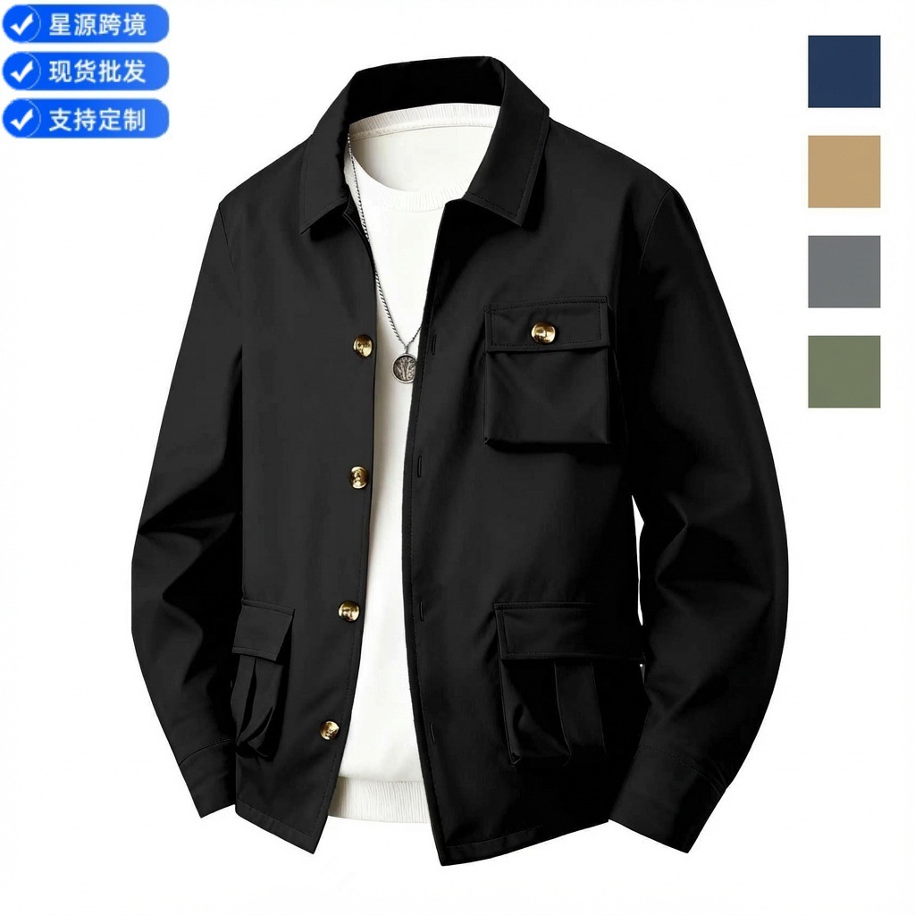Cross-Border Foreign Trade Men's Solid Color Multi-Pocket Workwear Simple Style Long-Sleeve Casual Versatile Waterproof Jacket Coat
