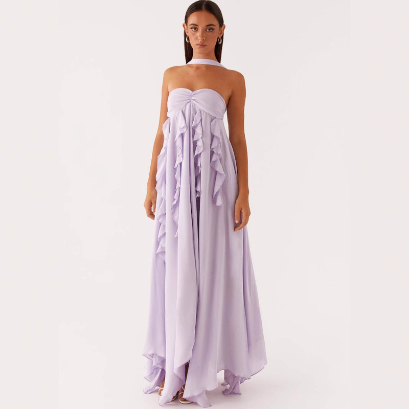 European and American Cross-Border Fairy Dress Wholesale 2025 Spring Backless Halterneck Asymmetrical Pleated Chiffon Long Dress Party