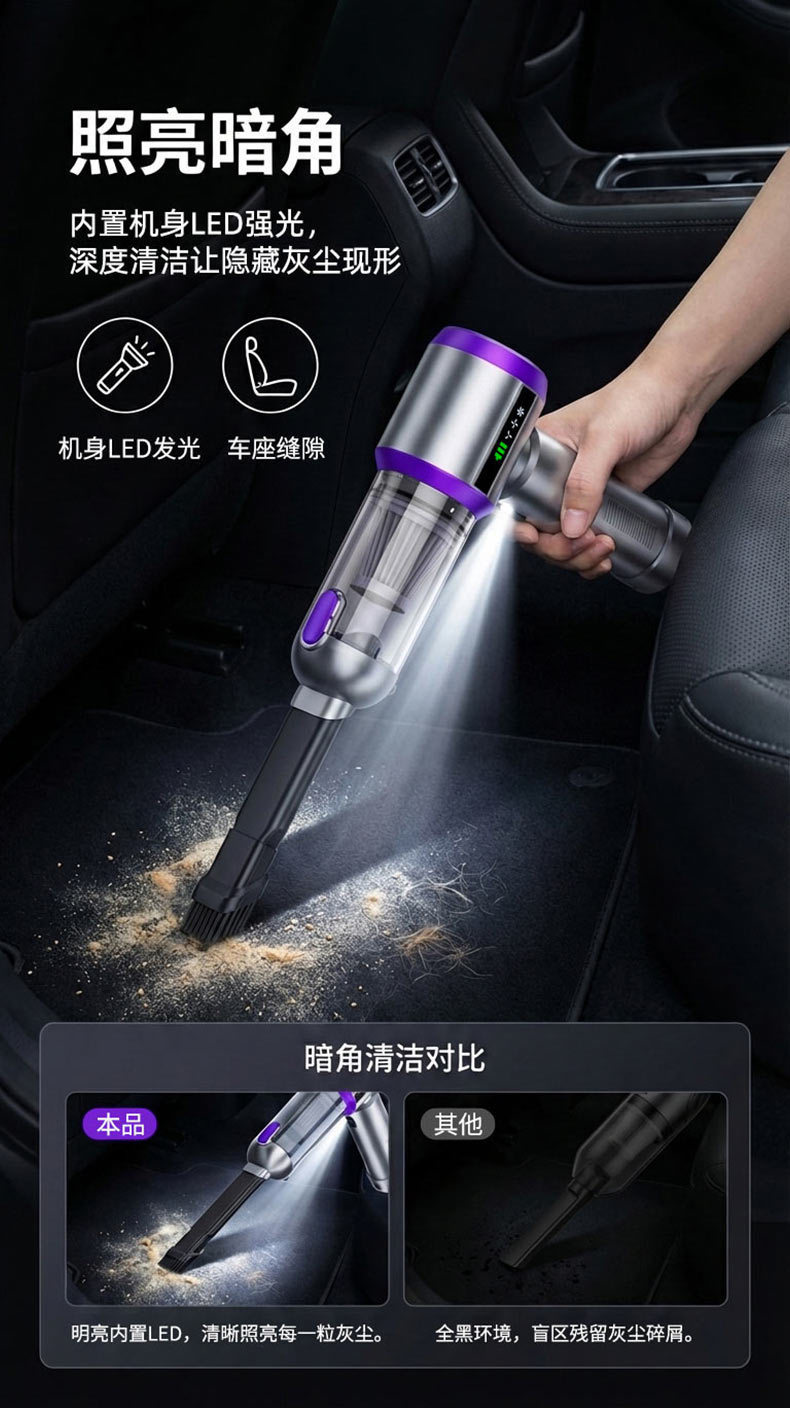 Cross-Border Car Vacuum Cleaner with Super Strong Suction, Mini Handheld Vacuum for Car and Home, Fast Charging, Small Wireless Flashlight