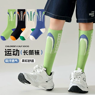 儿童袜子长筒运动棉袜撞色学生高筒袜小腿袜秋冬季男女童长袜字母