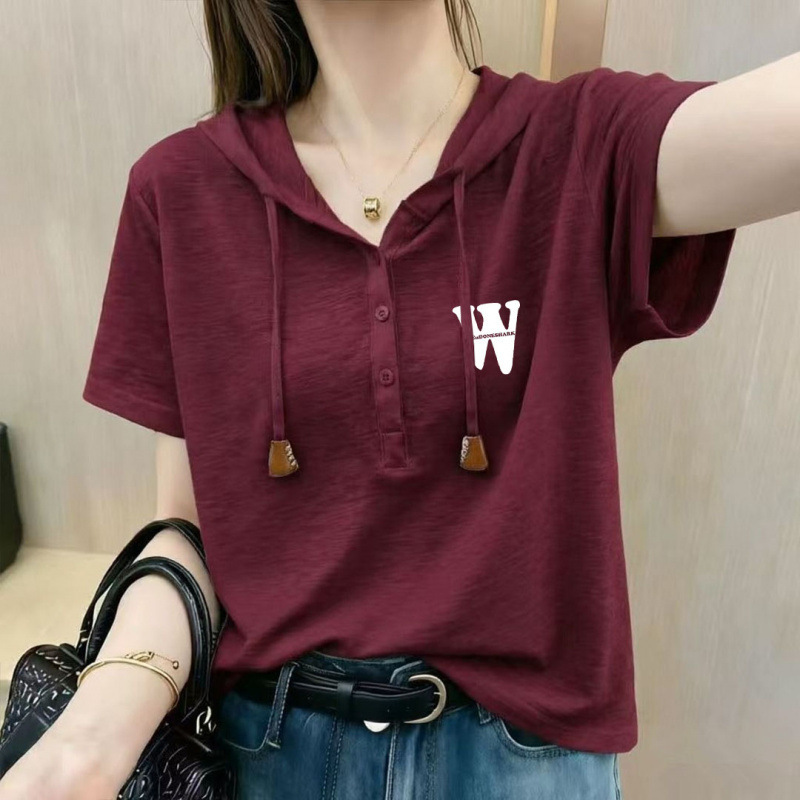 Korean Style Slimming 2026 Summer New Snowflake Cotton Short-Sleeve Hooded Stylish T-Shirt for Women with Buttons, High-End Versatile Top