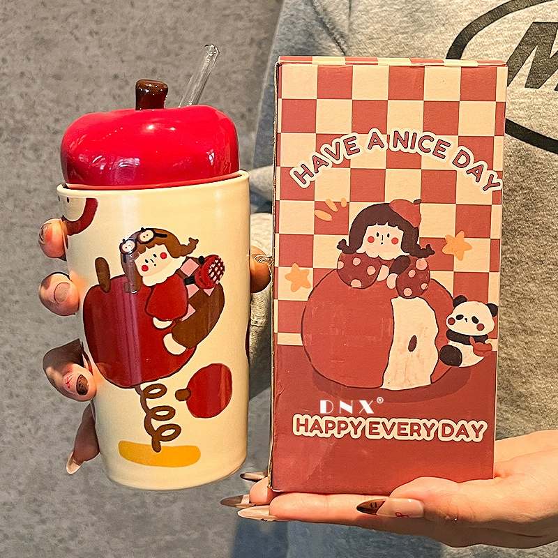 Яблоко, керамическая кофейная кружка с милым соломинкой со стеклом, подарок на день рождения