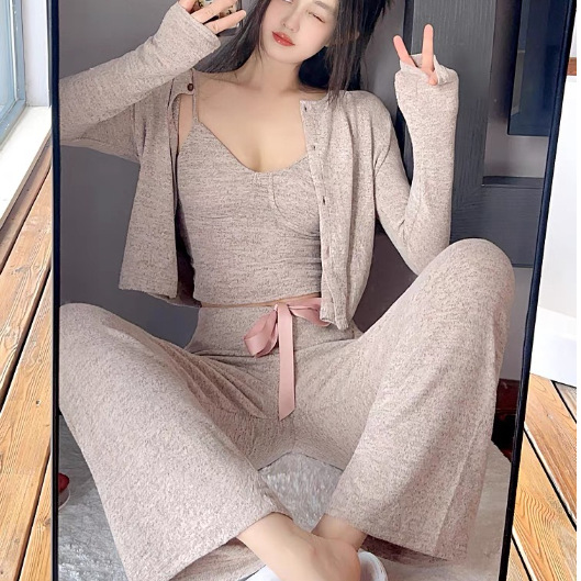 Pijamas de manga larga de las mujeres pantalones de suspensión conjunto de tres piezas con almohadilla en el pecho puro deseo estilo coreano dulce floral ropa para el hogar primavera y otoño